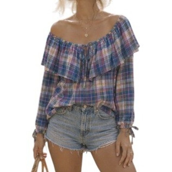 Vintage Tops - Vintage 1990s Plaid Ruffle Blouse Purple Check USA Medium Cottage Peasant Retro